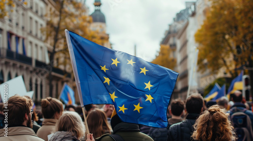 European Union Flag Waving at City Protest