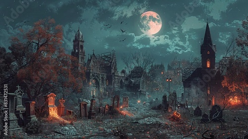 Design a captivating worms-eye view of a spooky graveyard with elaborate Halloween decorations, set against a moonlit sky, evoking a sense of mystery and intrigue