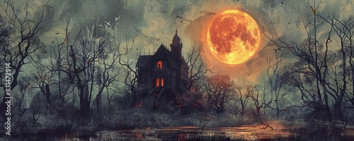 Illustrate a birds-eye view of a haunted house surrounded by bare trees with ghostly figures Incorporate a full moon casting an ominous glow using a watercolor painting technique