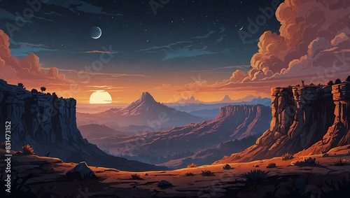 Alien cliffside with steep drops and craters under a vibrant sky for game backgrounds. 2d style