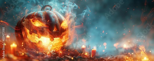 Illustrate a towering jack-o-lantern surrounded by swirling mist and glowing candles Combine elements of photorealistic digital art for a whimsical yet sinister ambiance