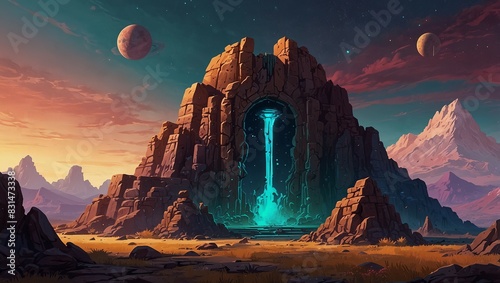 Alien ruins with ancient structures and craters under a colorful sky for adventurous games. 2d style