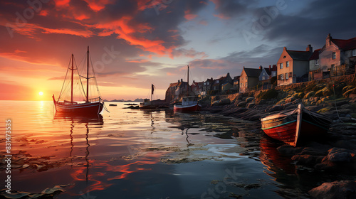 The image is of a harbor with sailboats at sunset. There is a town on the shore with buildings and trees. The sky is orange and the water is calm.