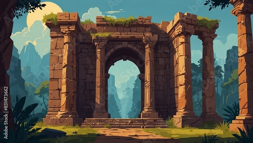 Ancient ruins cartoon background with overgrown temples and statues, ideal for games. 2d style