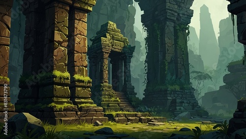Ancient temple ruins with mossy stones background for 2D levels. 2d style