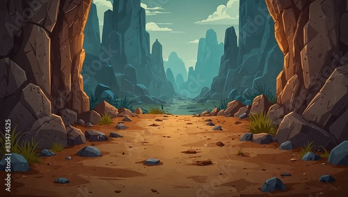 2D level background with dirt paths and rocky obstacles for game design. 2d style