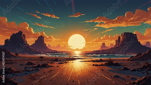 80s retro scene with solarizing master style, desert waves, horizon, god rays, cypherpunk. 2d style