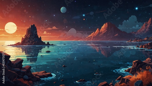 A colorful space scene with a blue ocean and a rocky shoreline. 2d style