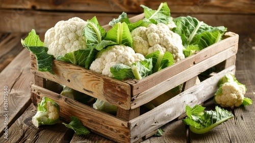Rustic wooden crate overflowing with an abundance of fresh and vibrant white cauliflower heads