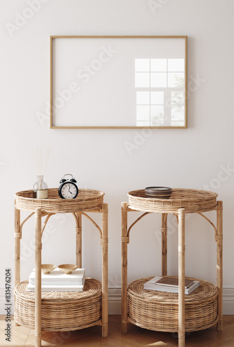 Mock up frame in home interior background, white room with natural wooden table and decor, 3d render