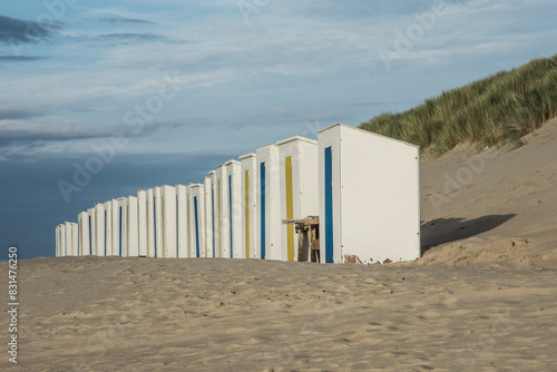 bathing booths on the sandy Northsea beach of Cadzand in the region of Zeeuws Vlaanderen