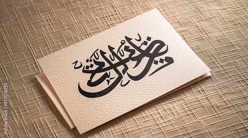Simple Eid ul Adha invitation with black calligraphy on a beige textured paper background for a classy touch