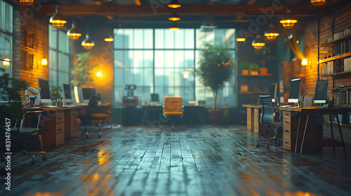 abstract office scene with a soft blurry effect showing desks chairs and monitors out of focus captured using HighSpeed Photography and InBody Image Stabilization for a serene calming effect