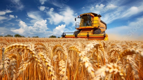 Combine harvester harvesting wheat in field, leaving row of sheaves successful farming day