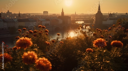 Sunset View from Old Town Bridge Tower in Prague Czech Republic with Flowers in Foreground