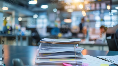 Stack of paperwork on a desk in a busy office environment. Workload and administrative duties.