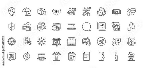 Medical analyzes, Settings blueprint and Antistatic line icons pack. AI, Question and Answer, Map pin icons. Hook, Leaves, Speakers web icon. Beer, Home grill, Auction pictogram. Vector