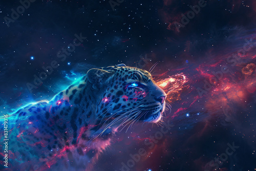 A leopard is staring at the camera in a space filled with stars