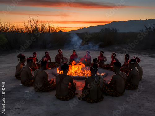 Tribu de aborígenes africanos sentados en ronda junto al fuego