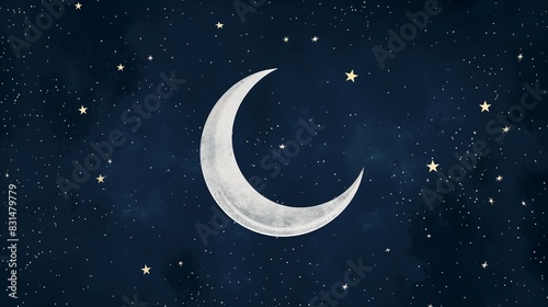 Subtle Eid ul Adha illustration with white crescent moon and stars on a deep navy blue background for a calm night scene