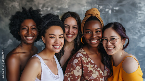 Women's Equality Day photoshoot, International Women's day photoshoot, group of diverse multiracial and multi ethnic female colleagues smiling