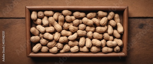 Peanuts on wooden dark table. Top view flat lay