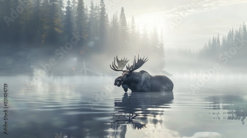A moose wading through a misty lake, majestic antlers framed by morning fog.