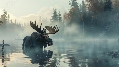 A moose wading through a misty lake, majestic antlers framed by morning fog.