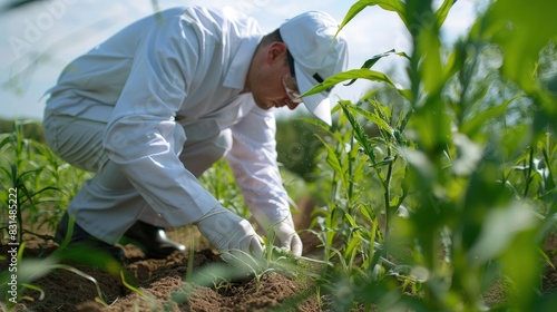 Agricultural scientist conducting field tests on genetically modified crops for drought resistance.