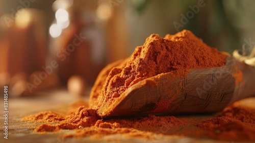 Annatto powder, orange-red and earthy, in a wooden scoop.