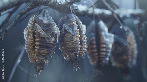 Bagworm moth larvae in cocoons, hanging from twigs.
