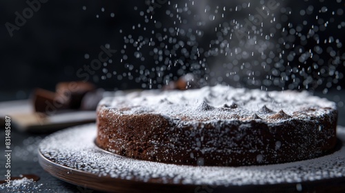Chocolate torte, dense and fudgy, dusted with powdered sugar.