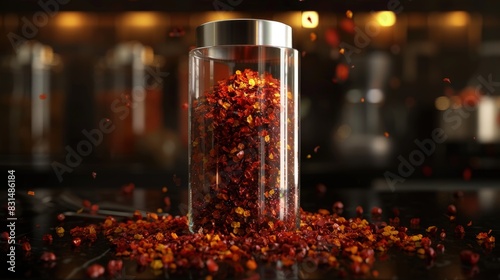 Crushed red pepper, hot and vibrant, in a glass shaker.