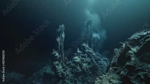 Deep-sea hydrothermal vent, unique creatures thriving in extreme conditions without sunlight.