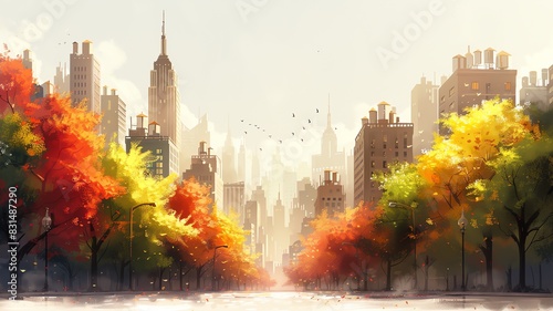 A watercolor illustration of a road leading up to New York city landscape with beautiful autumnal trees