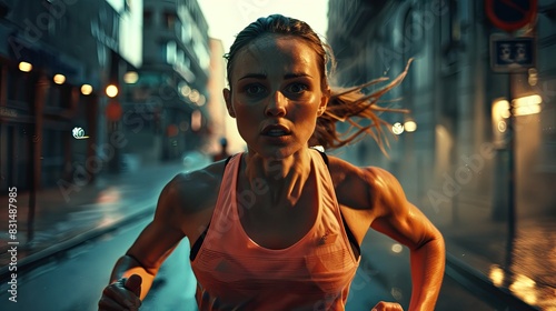 Female marathon runner with determined expression, pushing limits, urban course .