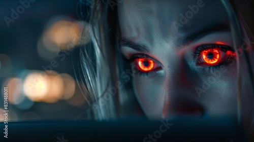 Close-up of a person's face, focusing on their eyes, which have an unnatural, glowing red color