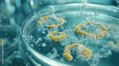 Close-up of mold spores growing on a culture dish in a microbiology lab.
