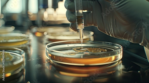 Microbiologist injecting a culture medium into a Petri dish to grow bacterial colonies.