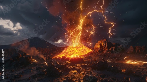 Lightning striking during a volcanic eruption, natureâ€™s forces colliding dramatically.
