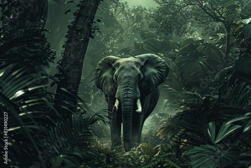 Impressive elephant stands amidst the lush foliage of a foggy tropical forest