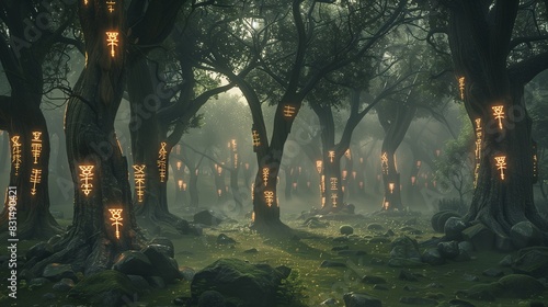 A mystical forest with ancient runes etched into trees, creating a magical gallery of old tales and secrets.
