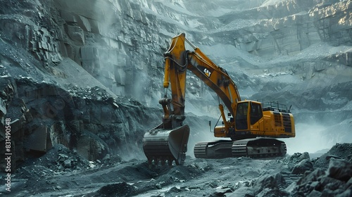 Excavator at Open-Pit Mine : A large excavator with a massive bucket is digging into the earth, scooping up rocks and soil. The machinery is surrounded by tiers of rock walls and piles of extracted ma