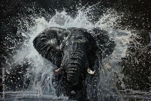Captivating black and white image of an elephant immersed in splashing water
