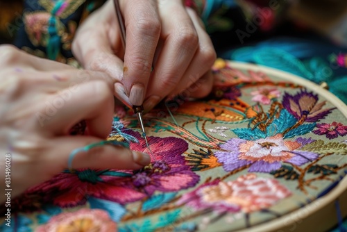 Exquisite and detailed intricate embroidery craftsmanship by skilled handcraft hobbyist. Showcasing vibrant floral patterns on textile fabric with traditional manual dexterity and artistic expression
