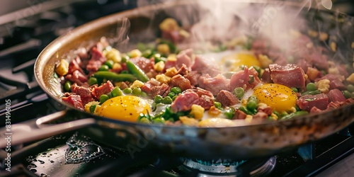 A stove-top pan filled with corned beef hash, eggs, and green beans cooking together.