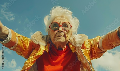 Funny image of a senior woman dressed in a superhero costume, striking a heroic pose, pretending to fly