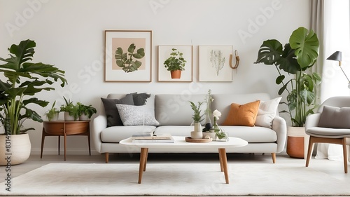 Elegant living room with comfy carpet, mid-century furniture, white walls, white walls, and houseplants is a hallmark of modern Scandinavian interior design. 
