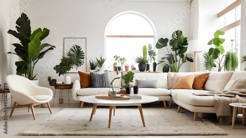 Elegant living room with comfy carpet, mid-century furniture, white walls, white walls, and houseplants is a hallmark of modern Scandinavian interior design. 