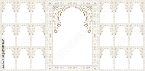Set of windows Beautiful Arch small and Big Design with Indian Rajasthani fort and Culture. Wedding Backdrop and other uses. Abstract Indian floral rug design, Persian carpet, tribal texture.